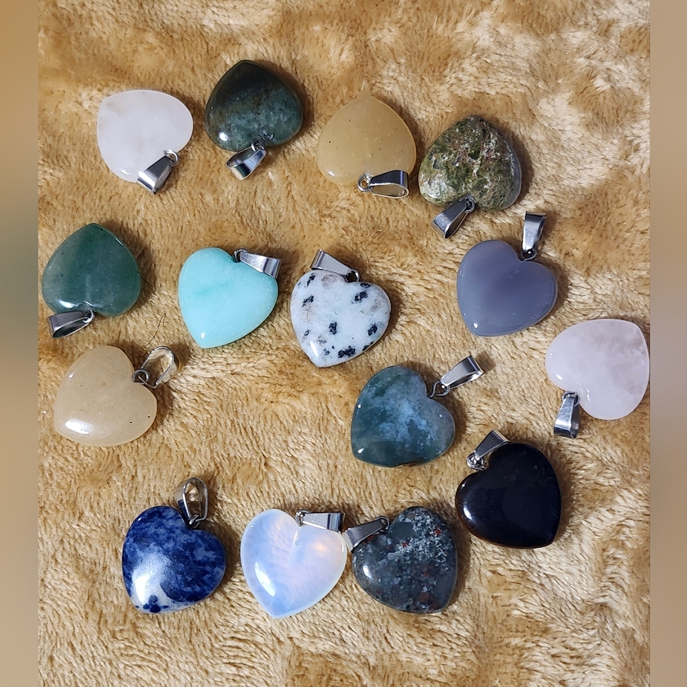 Natural Gemstone Heart Pendant Necklace - Assorted Colors. Bulk 15pc RESALE